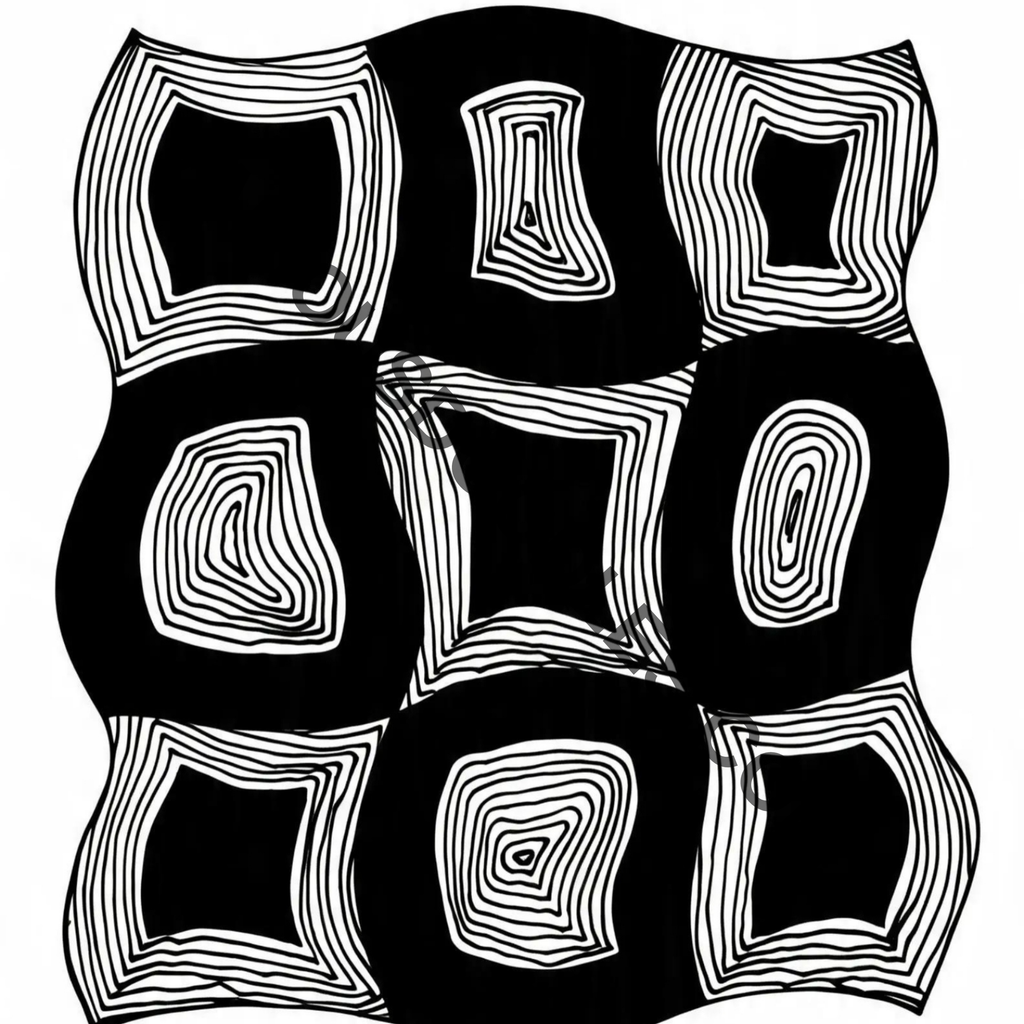 Nine squares geometric doodle art print – black and white hand-drawn zentangle pattern, original drawing