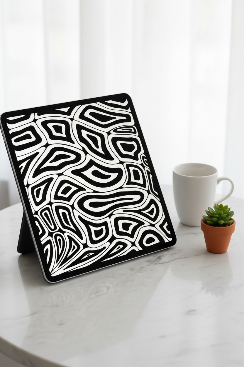 Black and white abstract wall art print digital download preview on iPad screen, organic wavy geometric drawing printable wall decor