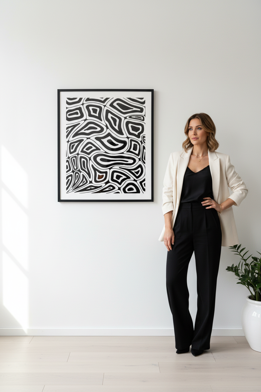 Black and white abstract wall art print digital download wall mockup with model, organic wavy geometric drawing printable wall decor