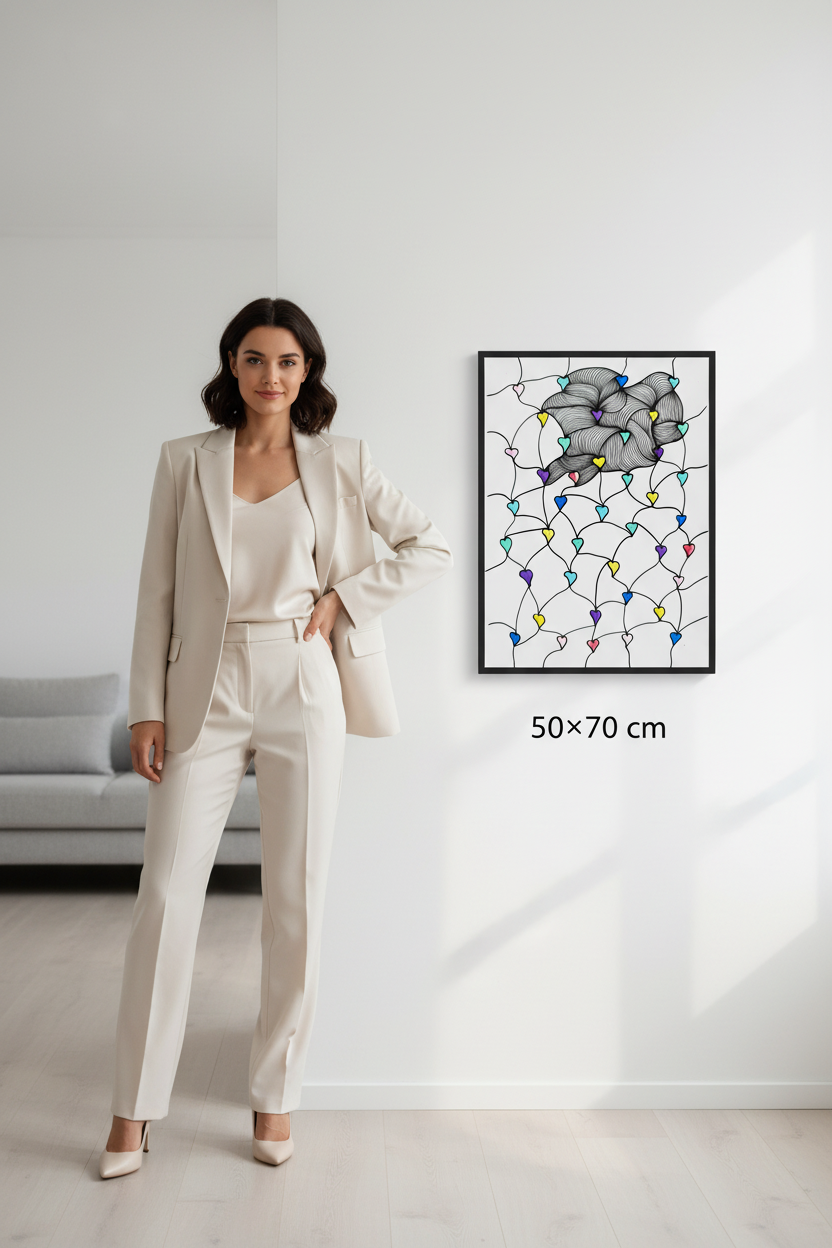 Colorful hearts zentangle art print 50x70cm wall mockup with model, rainbow hearts wave pattern printable wall art