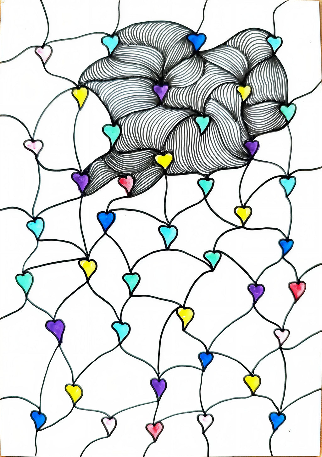 Original hand-drawn colorful hearts zentangle art print with rainbow hearts wave pattern