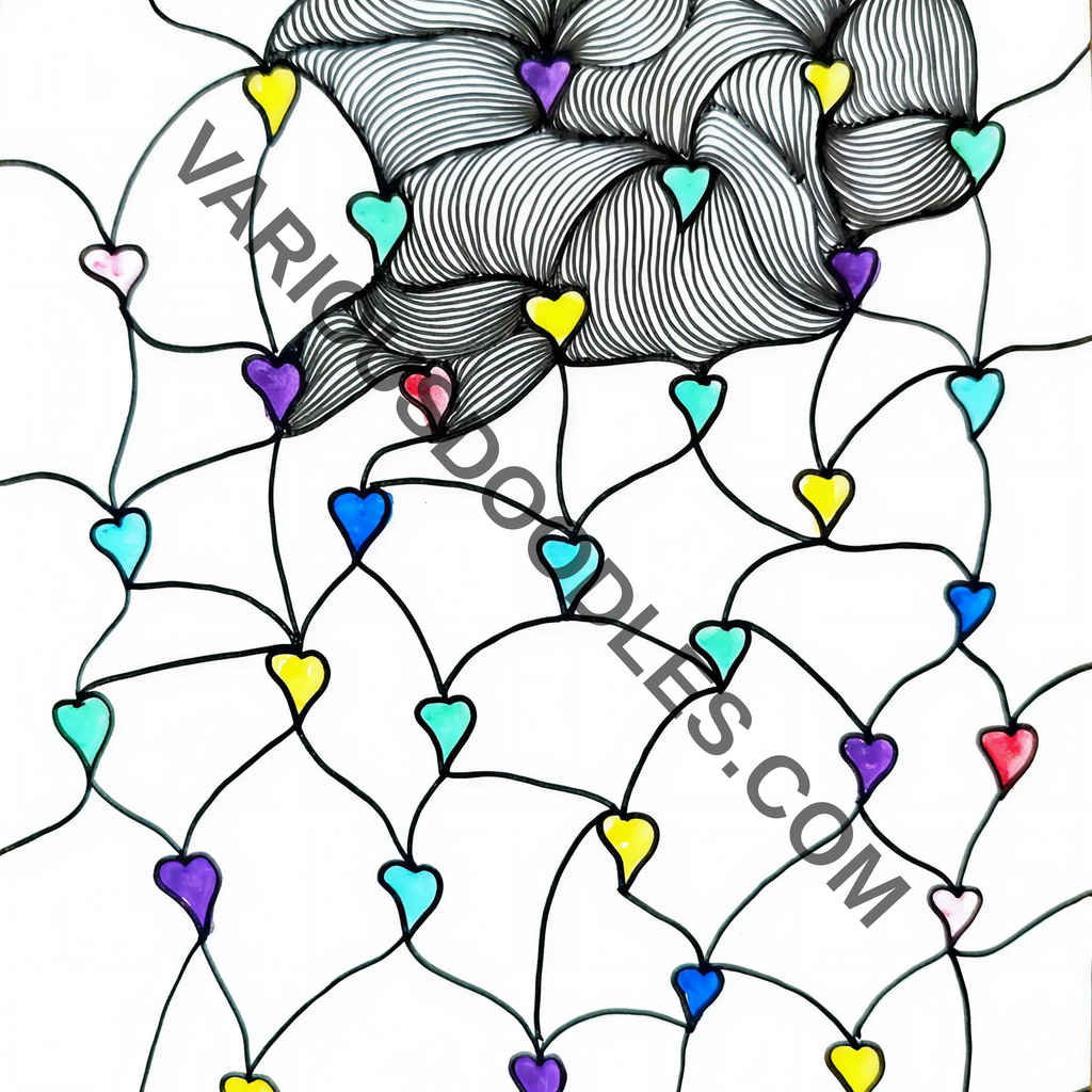 Original hand-drawn colorful hearts zentangle art print with rainbow hearts wave pattern