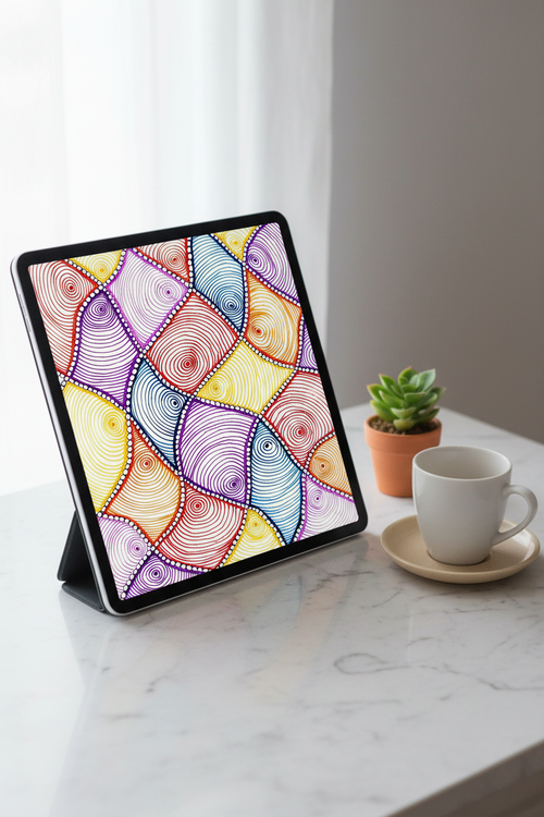 Colorful zentangle geometric pattern art print digital download preview on iPad screen, vibrant rainbow spiral printable wall decor