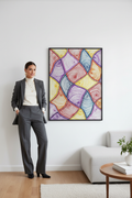 Colorful zentangle geometric pattern art print digital download wall mockup with model, vibrant rainbow spiral printable wall decor