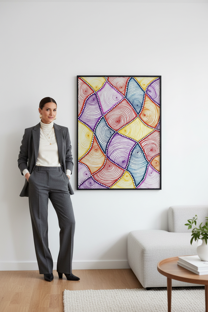 Colorful zentangle geometric pattern art print digital download wall mockup with model, vibrant rainbow spiral printable wall decor