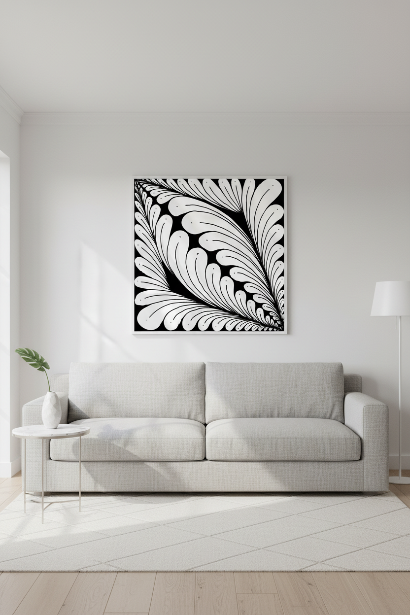 Black and white zentangle feather pattern art print displayed in minimalist Scandinavian living room wall decor