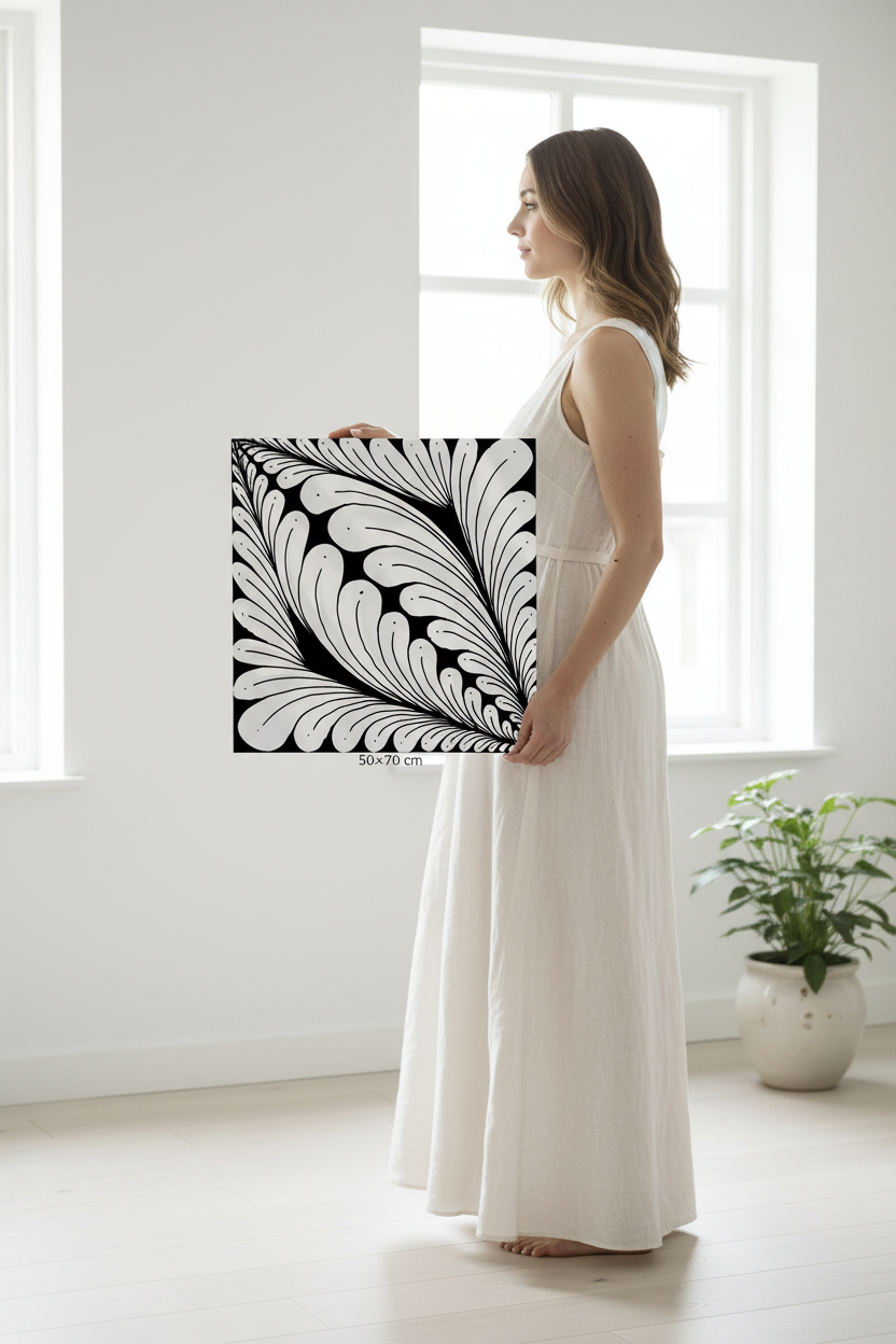 Feather zentangle art print canvas mockup 50x70 cm size reference with model, black and white geometric wall art
