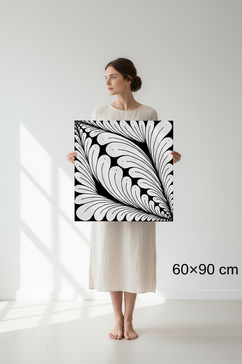 Feather zentangle art print canvas mockup 60x90 cm size reference with model, black and white geometric wall art