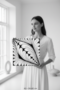 Feather zentangle art print canvas mockup A3 30x42 cm size reference with model, black and white geometric wall art