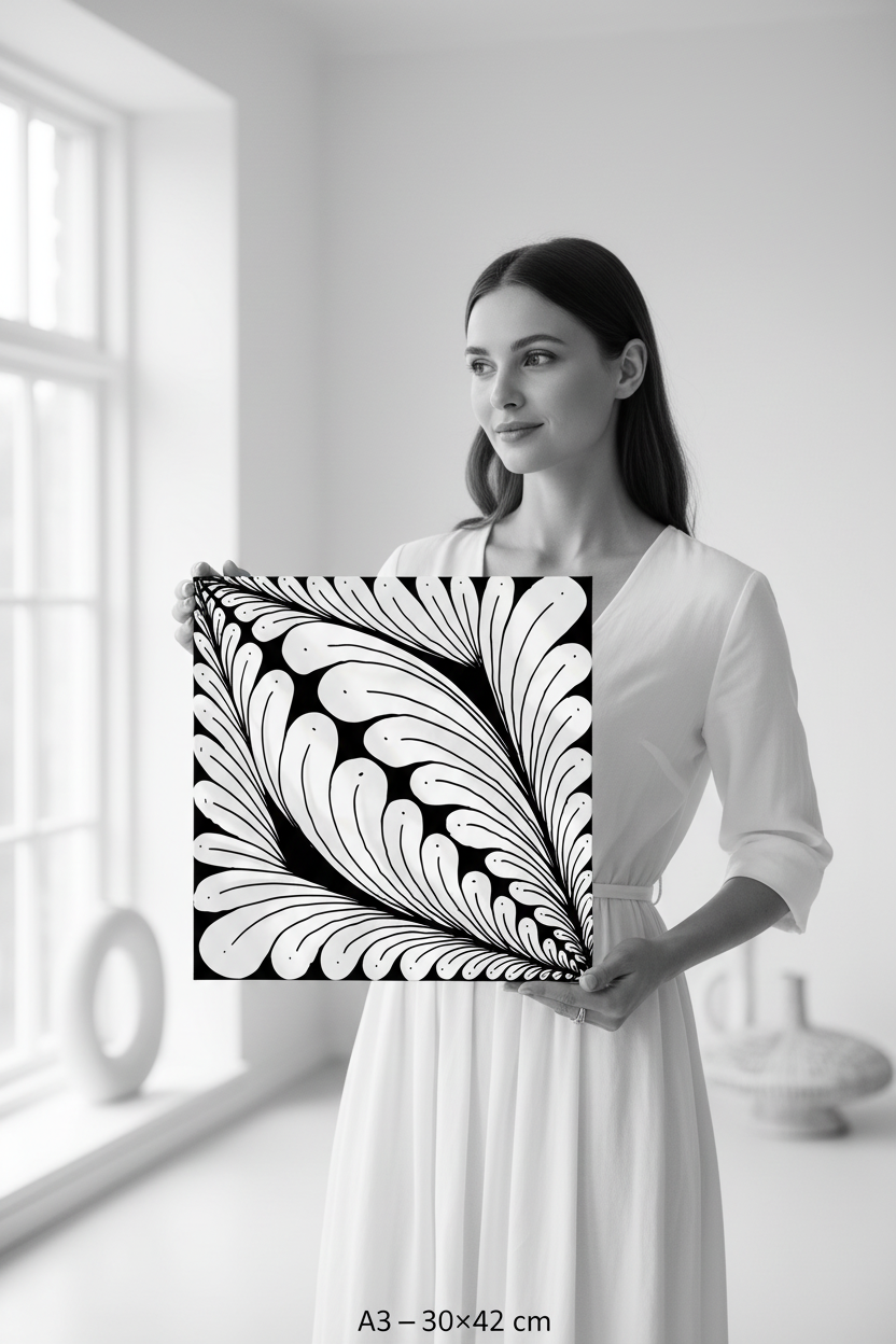 Feather zentangle art print canvas mockup A3 30x42 cm size reference with model, black and white geometric wall art