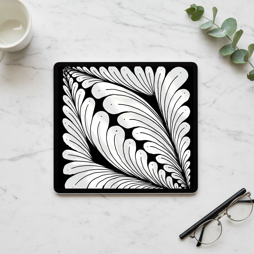 Black and white zentangle feather pattern art print digital download preview on iPad screen