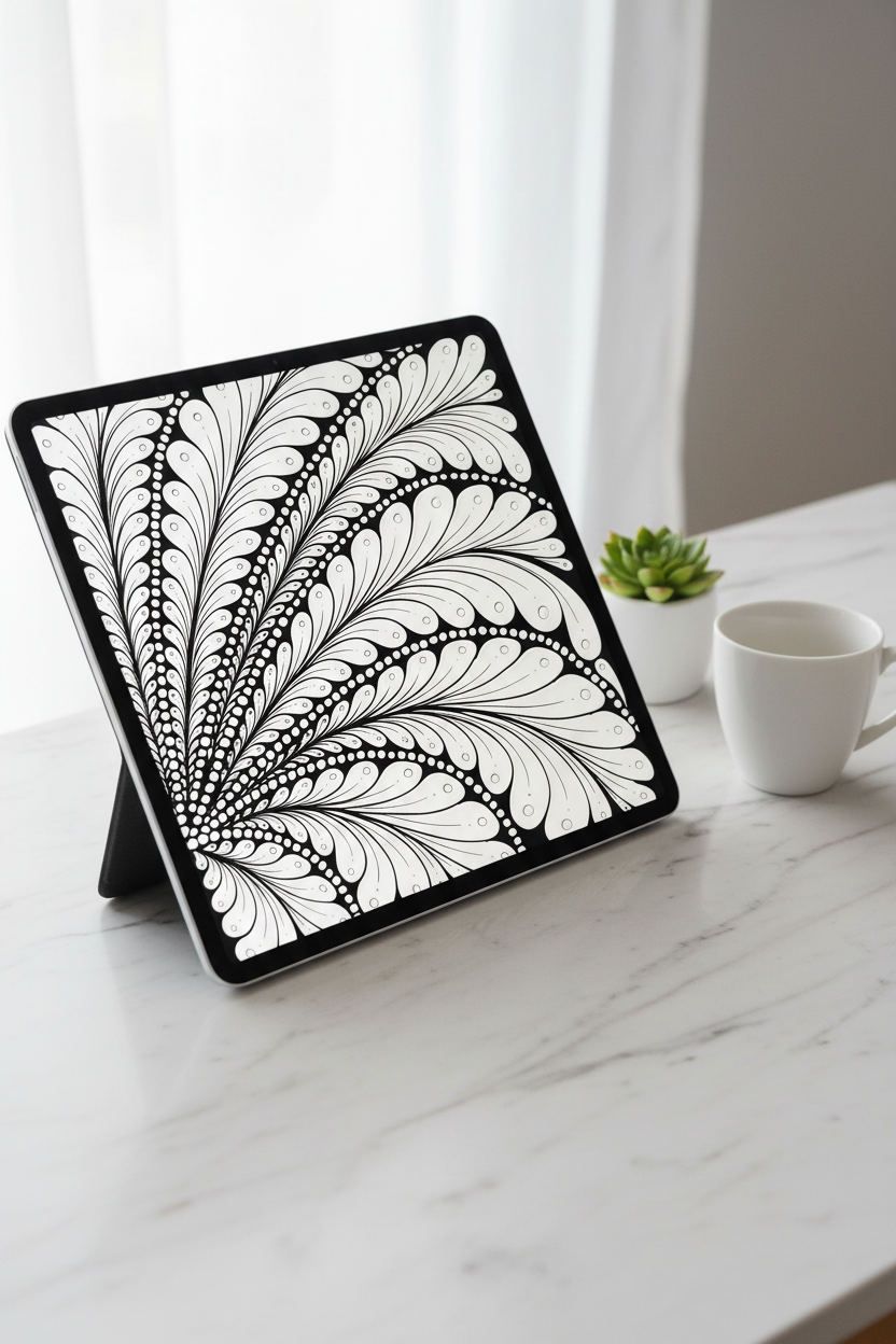 Feather zentangle art print digital download preview on iPad screen, black and white dramatic feather pattern printable wall decor