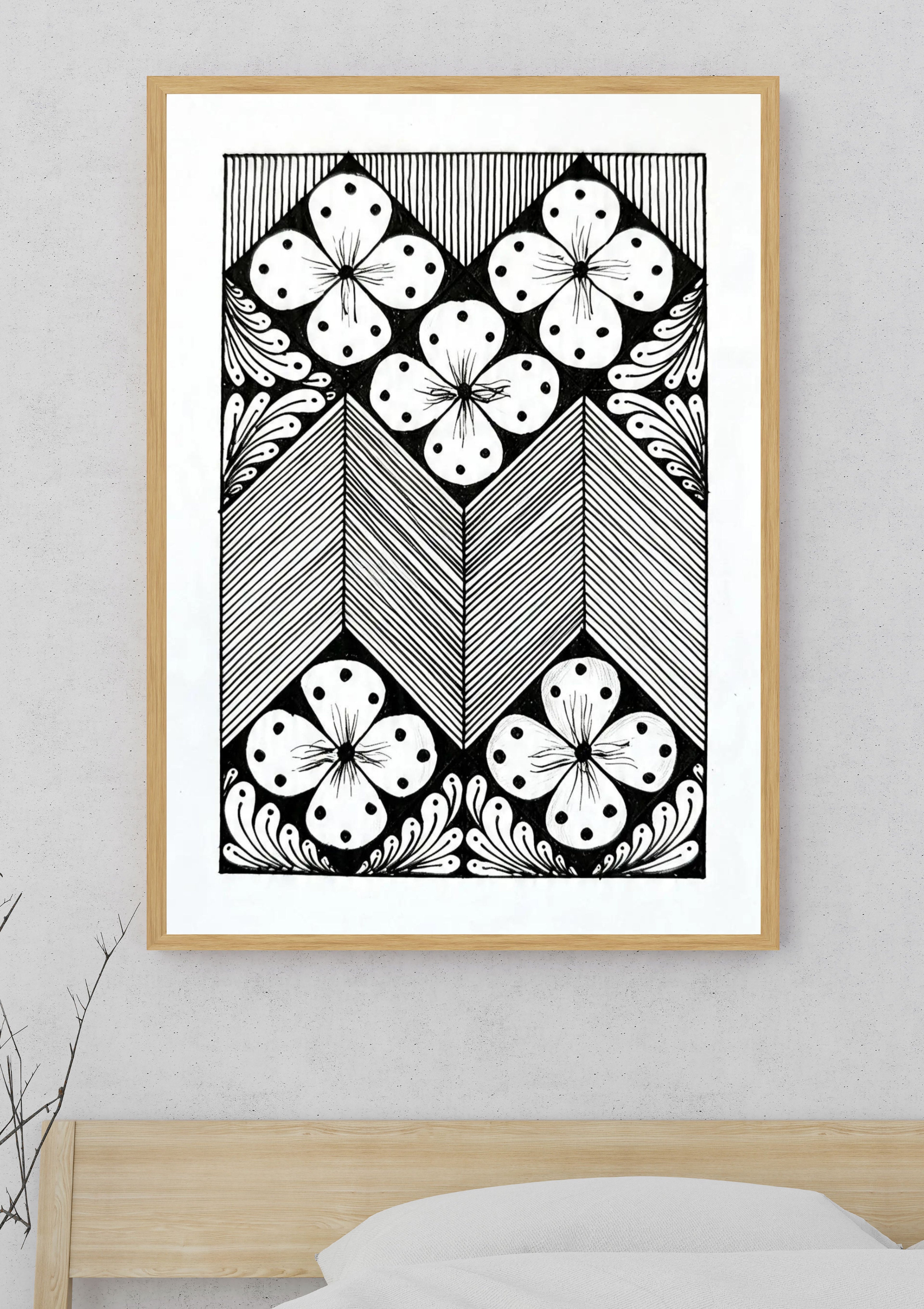 Floral chevron zentangle art print in bedroom wall decor mockup, black and white geometric printable poster in frame