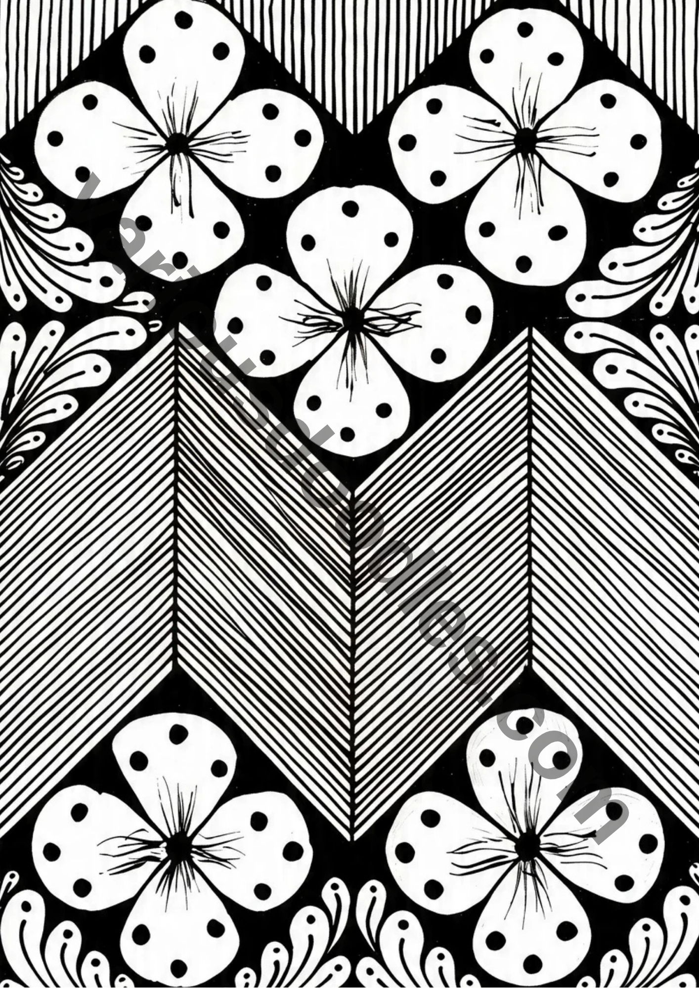 Floral chevron zentangle art print, original hand-drawn black and white geometric pattern, printable wall art
