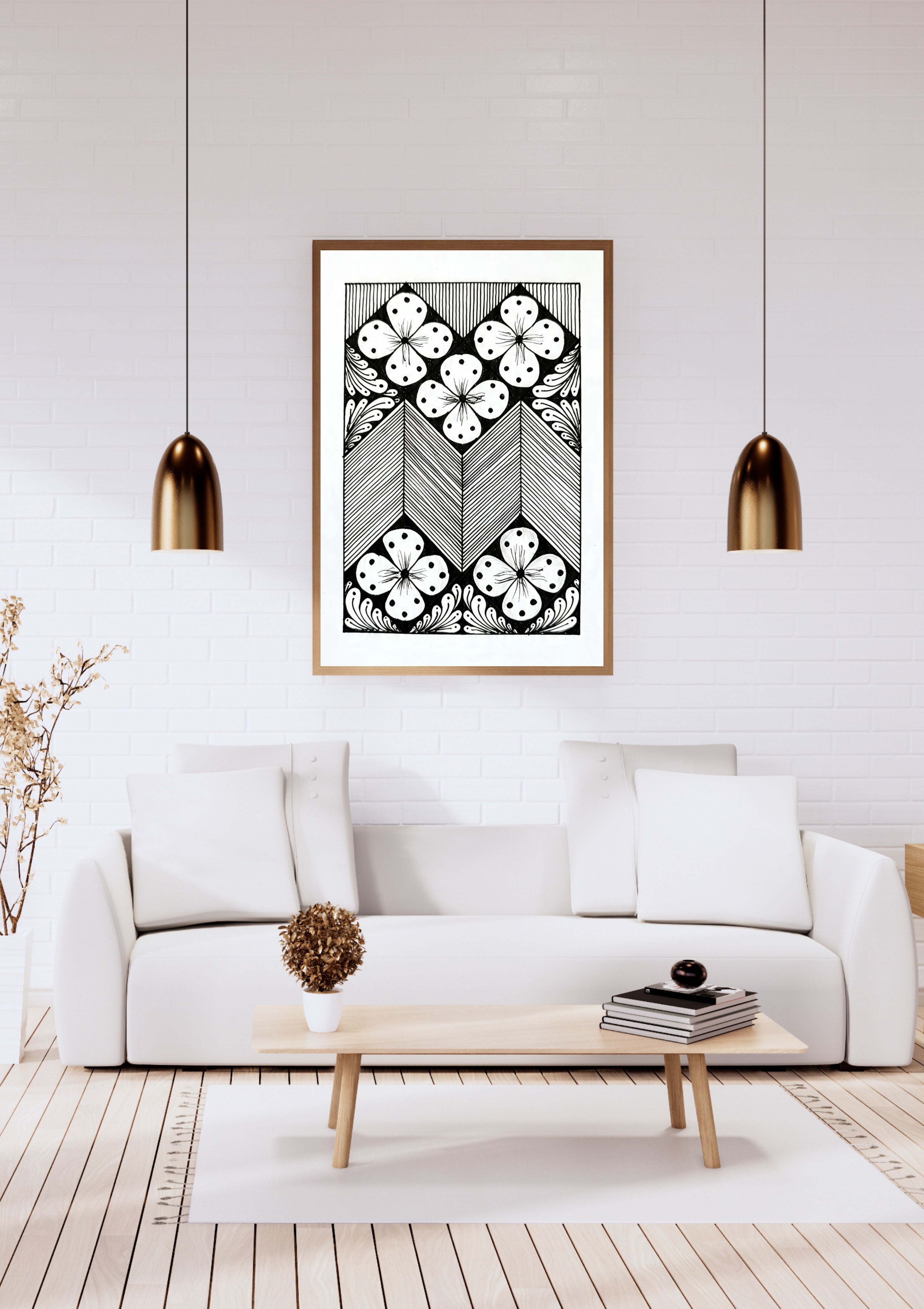 Floral chevron zentangle art print in living room wall decor mockup, black and white geometric printable poster framed