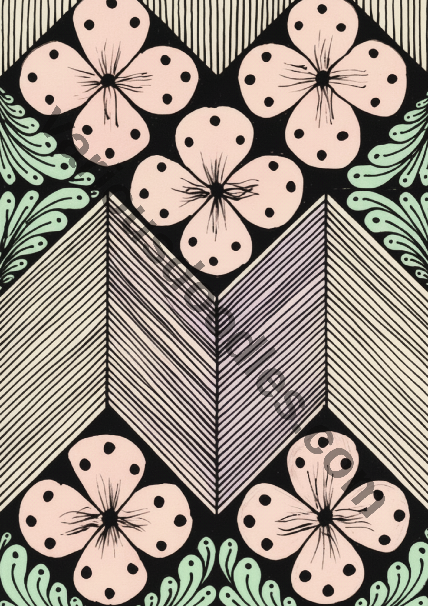 Pastel floral chevron zentangle art print with blush pink flowers and mint green accents on black background