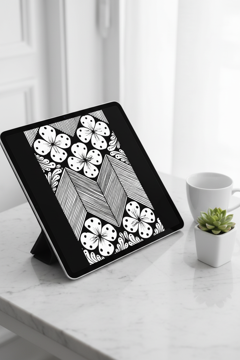Floral chevron zentangle black and white art print digital download preview on iPad screen, geometric floral printable wall decor