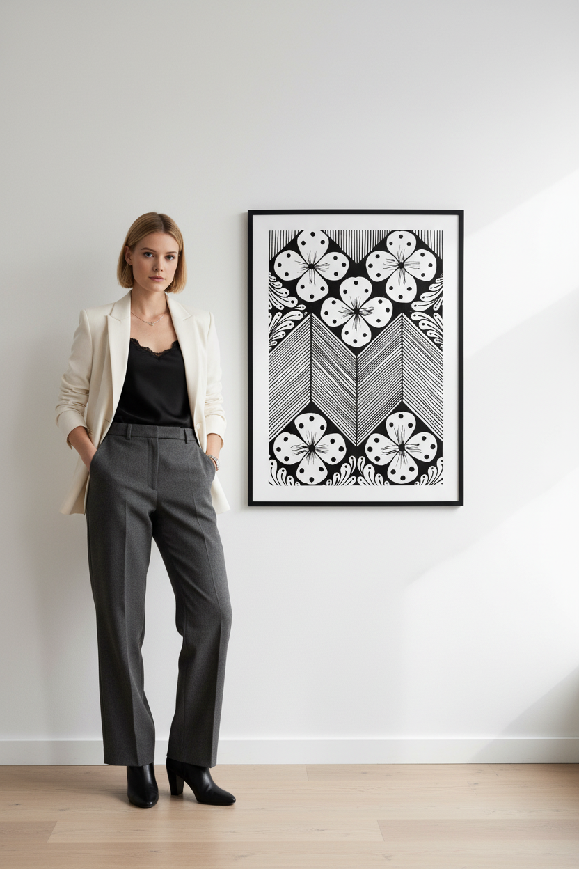 Floral chevron zentangle black and white art print digital download wall mockup with model, geometric floral printable wall decor