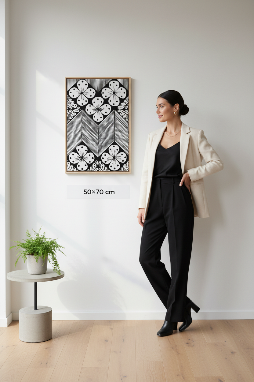 Floral chevron zentangle canvas print mockup 50x70 cm size reference with model, black and white geometric floral wall art