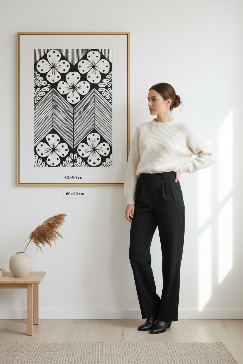 Floral chevron zentangle canvas print mockup 60x90 cm size reference with model, black and white geometric floral wall art