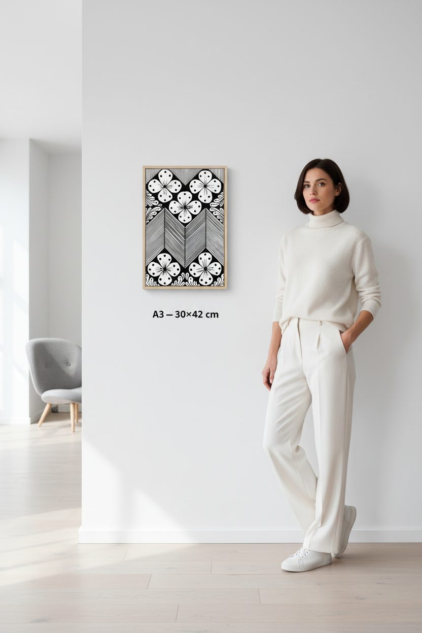 Floral chevron zentangle canvas print mockup A3 30x42 cm size reference with model, black and white geometric floral wall art