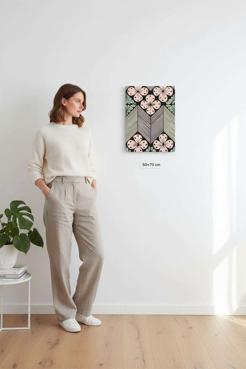 Floral chevron zentangle art print canvas mockup 50x70 cm size reference with model, pastel color floral geometric wall decor