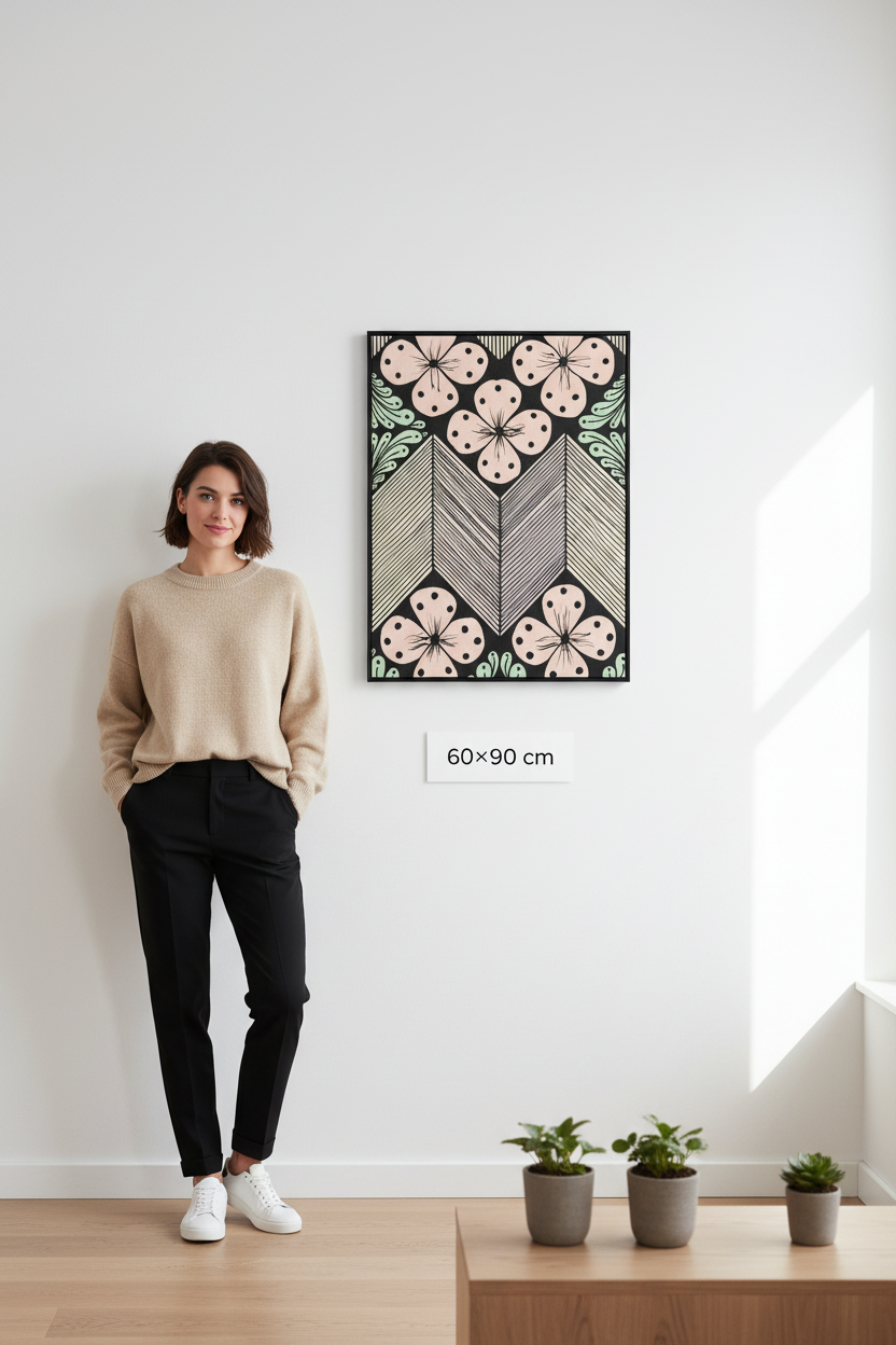 Floral chevron zentangle art print canvas mockup 60x90 cm size reference with model, pastel color floral geometric wall decor
