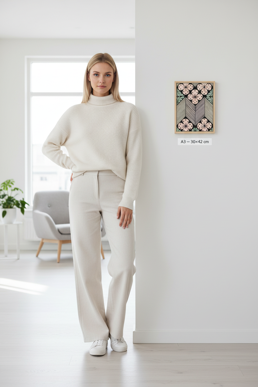 Floral chevron zentangle art print canvas mockup A3 30x42 cm size reference with model, pastel color floral geometric wall decor