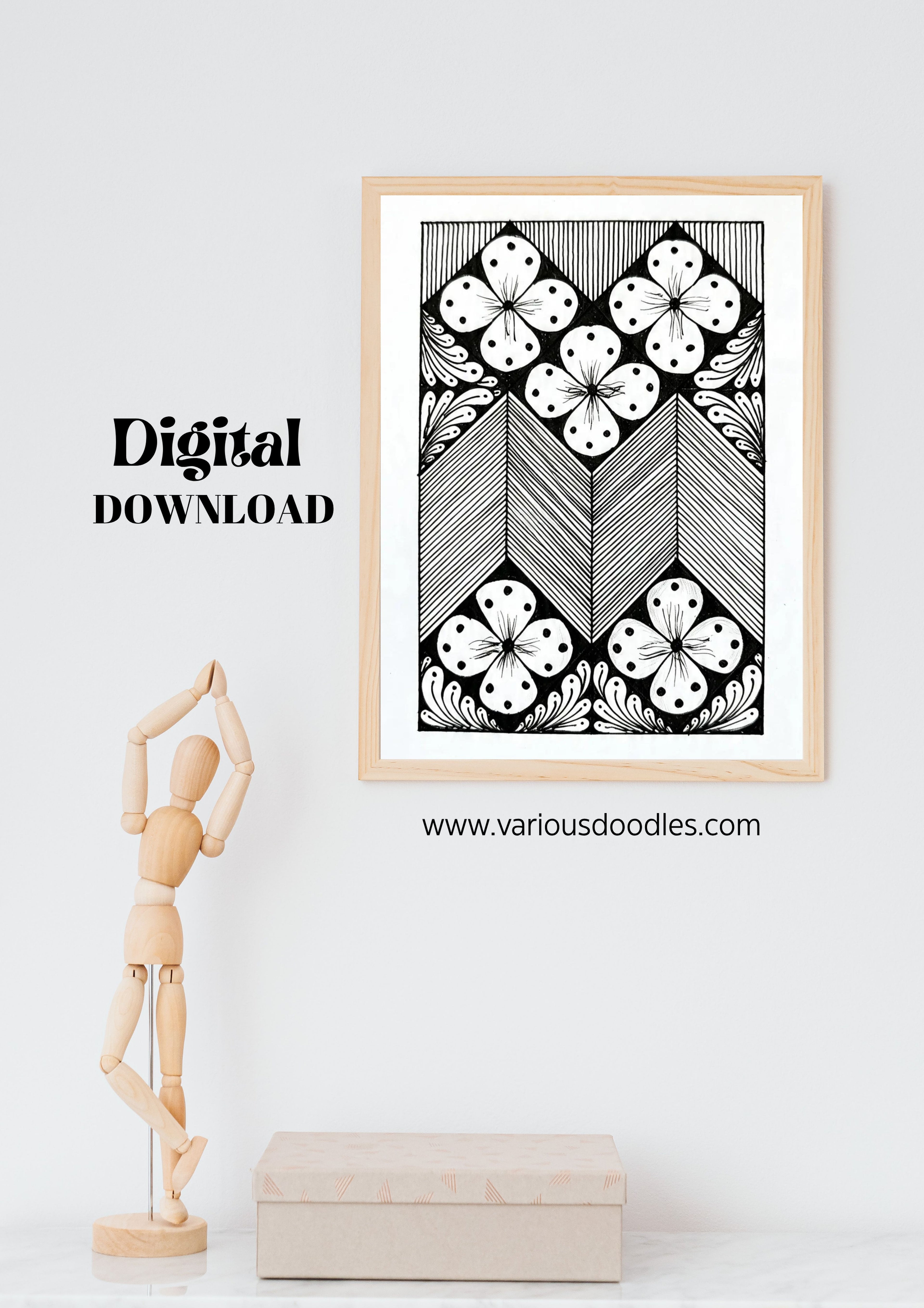 Floral chevron zentangle art print in wall frame mockup, black and white geometric printable wall art digital download