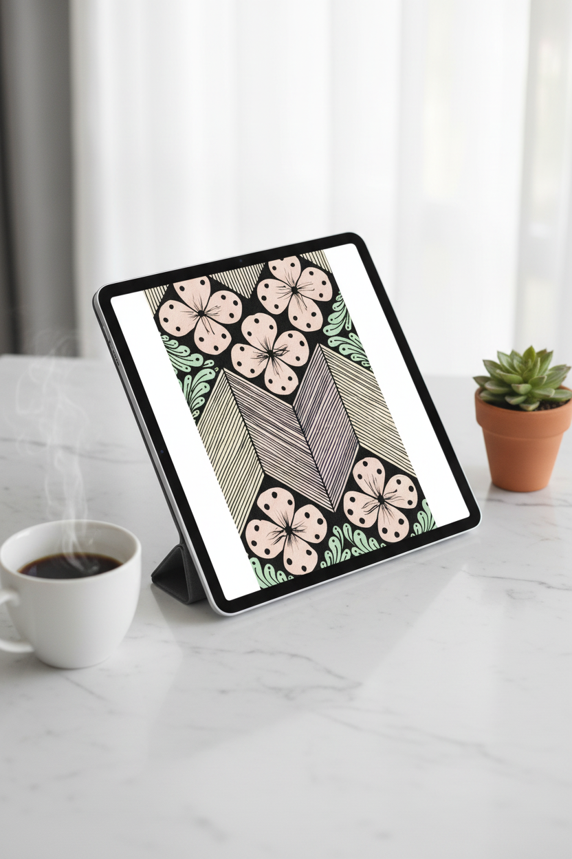 Floral chevron zentangle pastel color art print digital download preview on iPad screen, pink flowers geometric printable wall decor