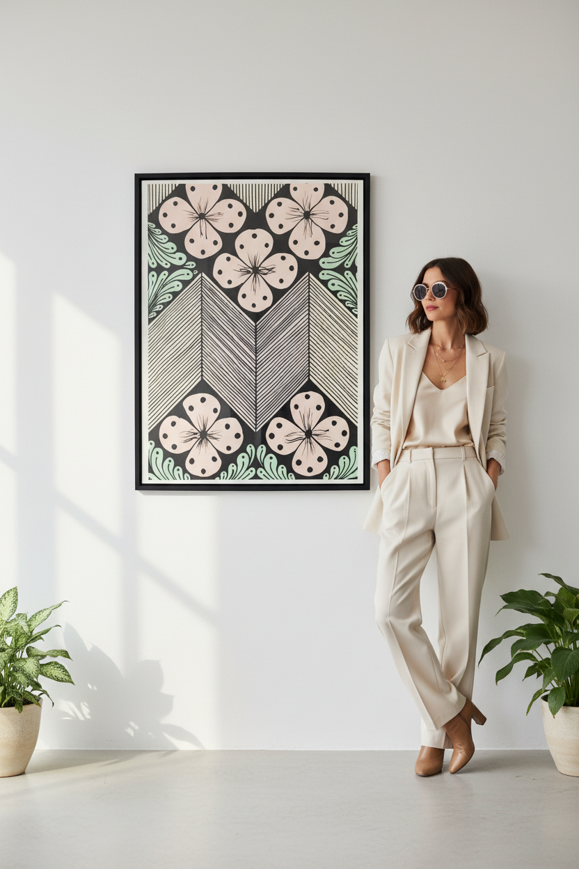 Floral chevron zentangle pastel color art print digital download wall mockup with model, pink flowers geometric printable wall decor