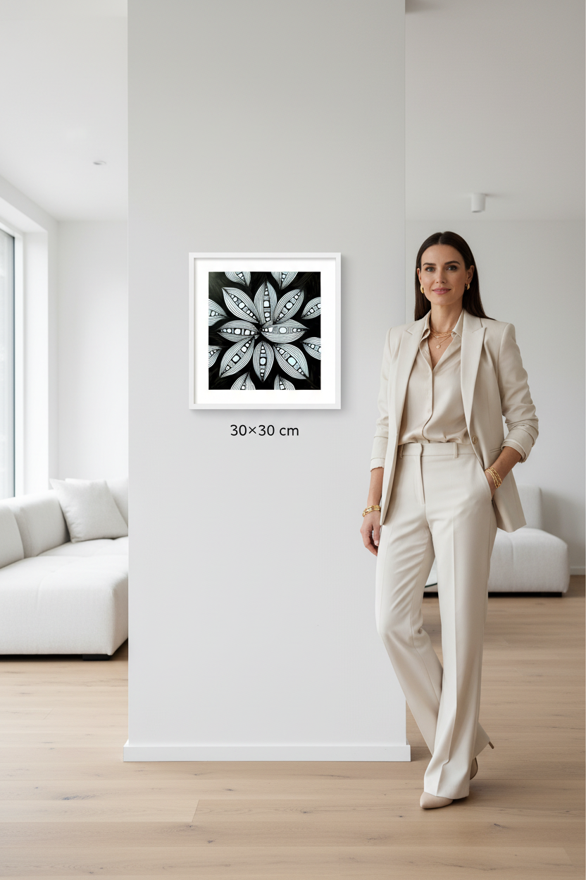 Floral leaf mandala art print 30x30cm square wall mockup with model, black and white zentangle petal pattern printable wall decor