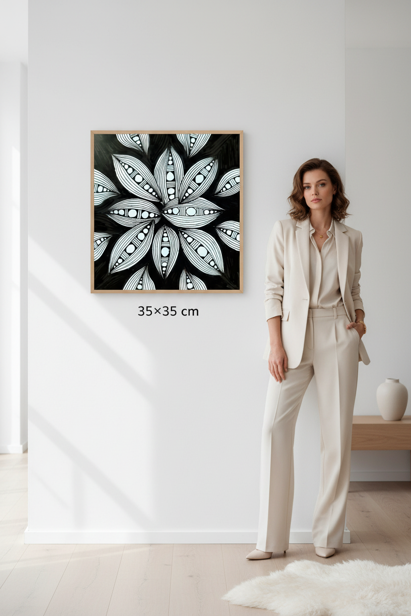 Floral leaf mandala art print 35x35cm square wall mockup with model, black and white zentangle petal pattern printable wall decor