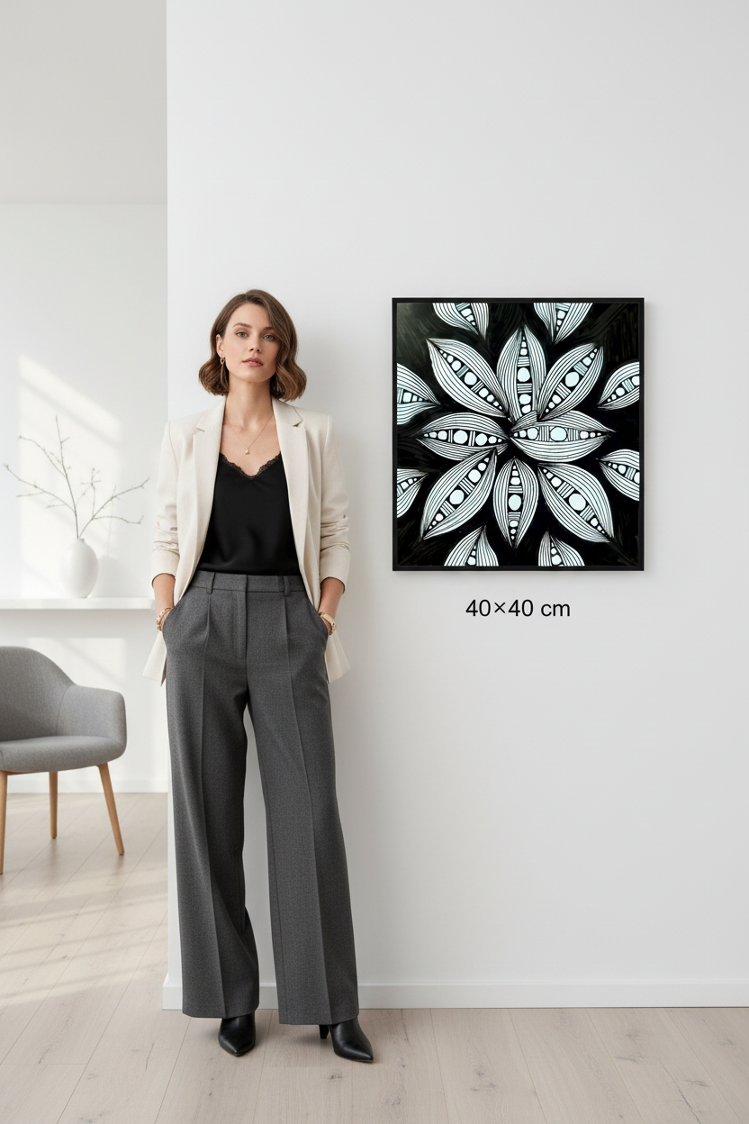 Floral leaf mandala art print 40x40cm square wall mockup with model, black and white zentangle petal pattern printable wall decor