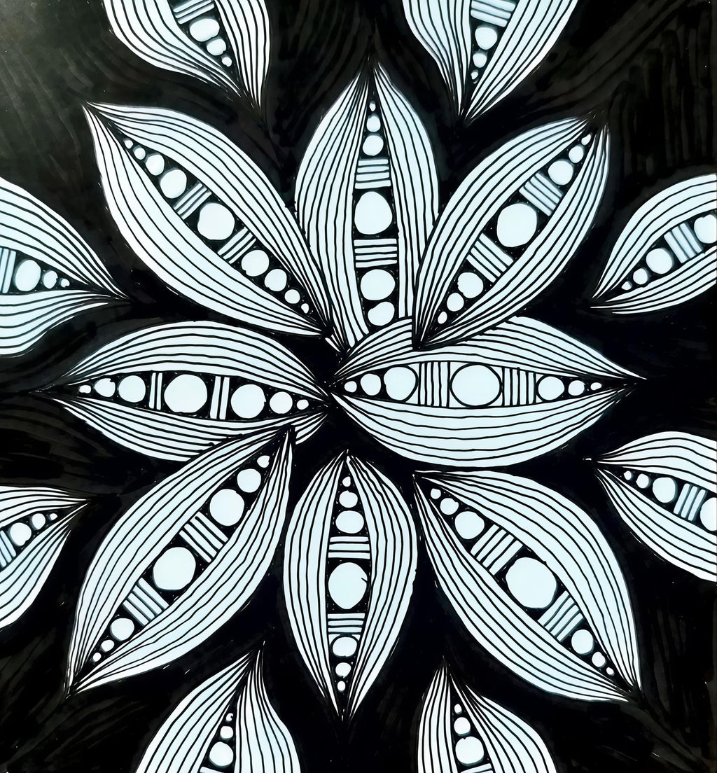 Original hand-drawn floral leaf mandala art print, black and white zentangle petal pattern printable wall decor