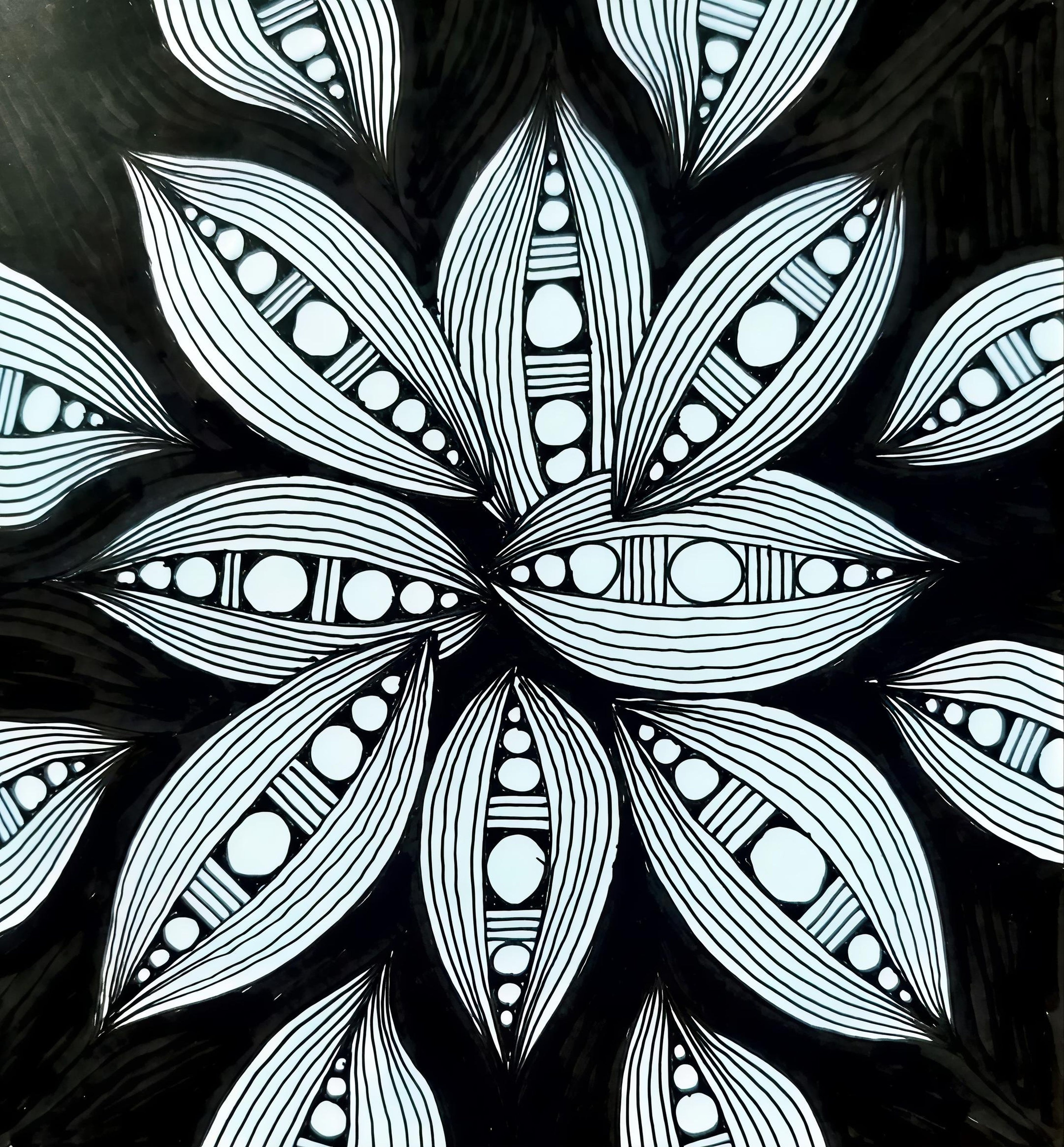 Original hand-drawn floral leaf mandala art print, black and white zentangle petal pattern printable wall decor