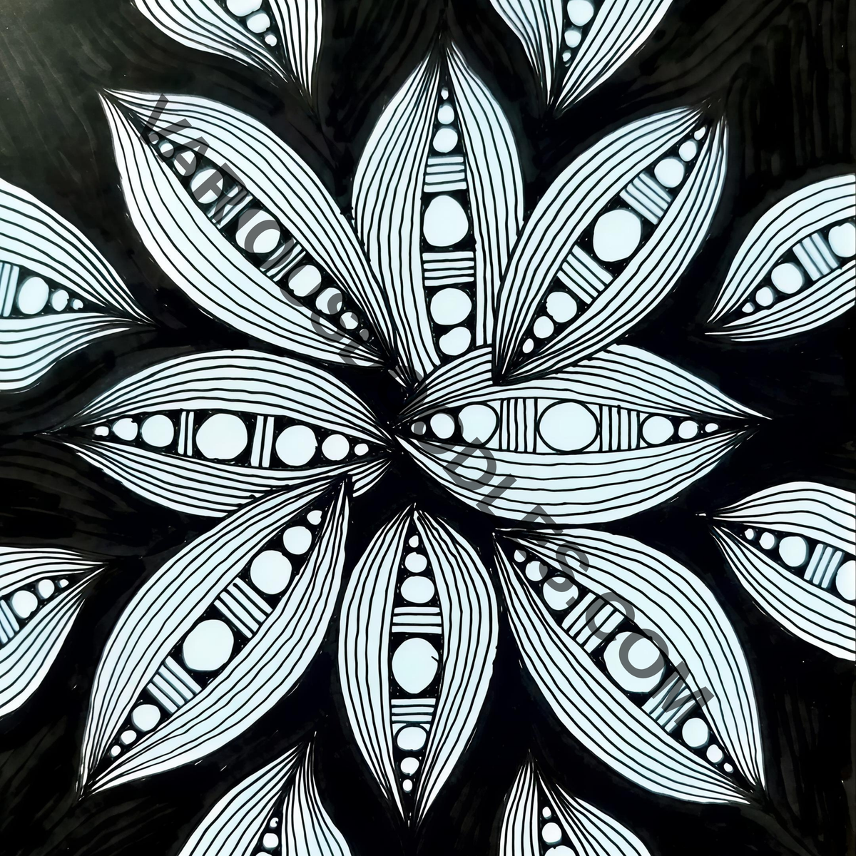 Original hand-drawn floral leaf mandala art print, black and white zentangle petal pattern printable wall decor
