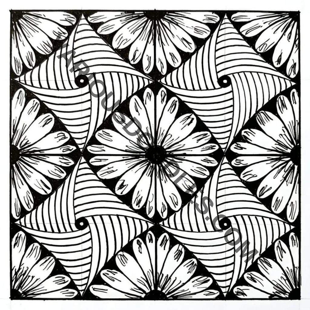 Floral zentangle pattern art print, original hand-drawn black and white geometric wall decor, printable digital download