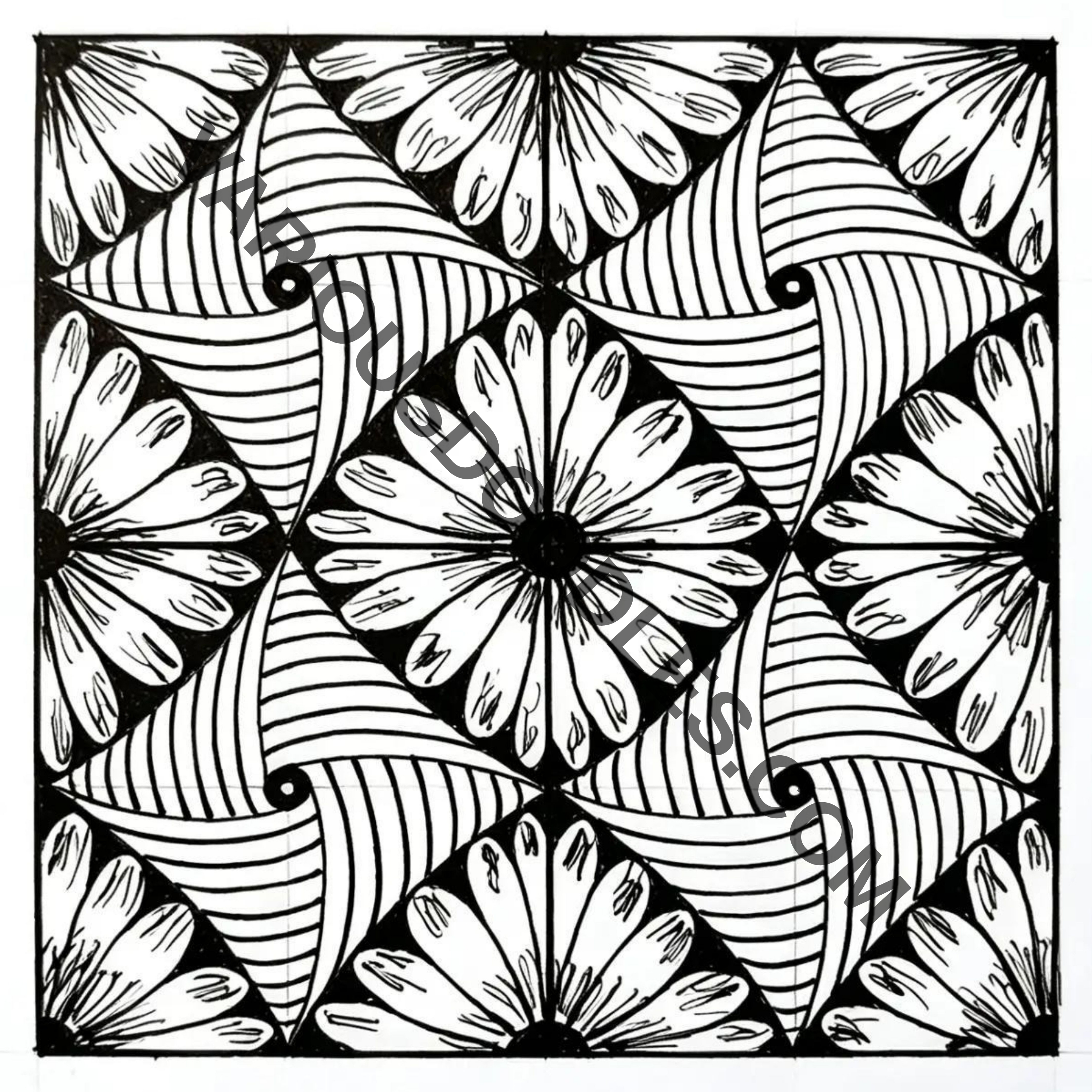 Floral zentangle pattern art print, original hand-drawn black and white geometric wall decor, printable digital download