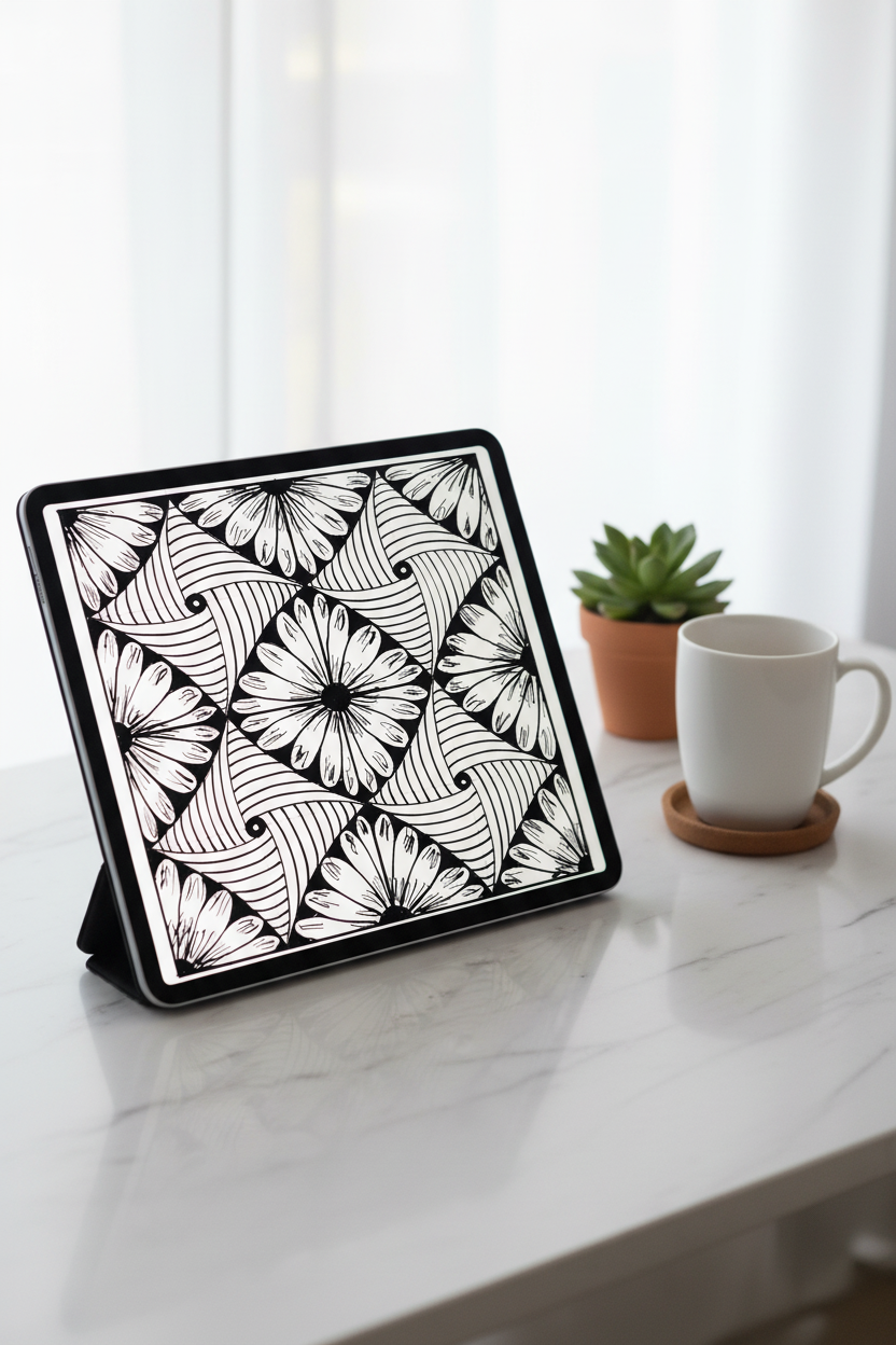 Floral zentangle pattern art print digital download preview on iPad screen, black and white geometric daisy tile printable wall decor