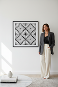 Floral zentangle pattern art print digital download wall mockup with model, black and white geometric daisy tile printable wall decor