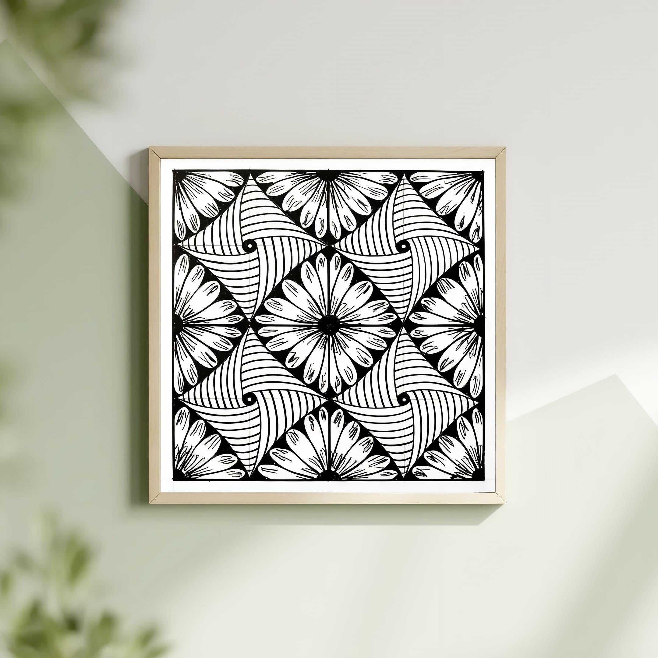 Floral zentangle pattern art print in gold frame with botanical background, black and white geometric printable wall art