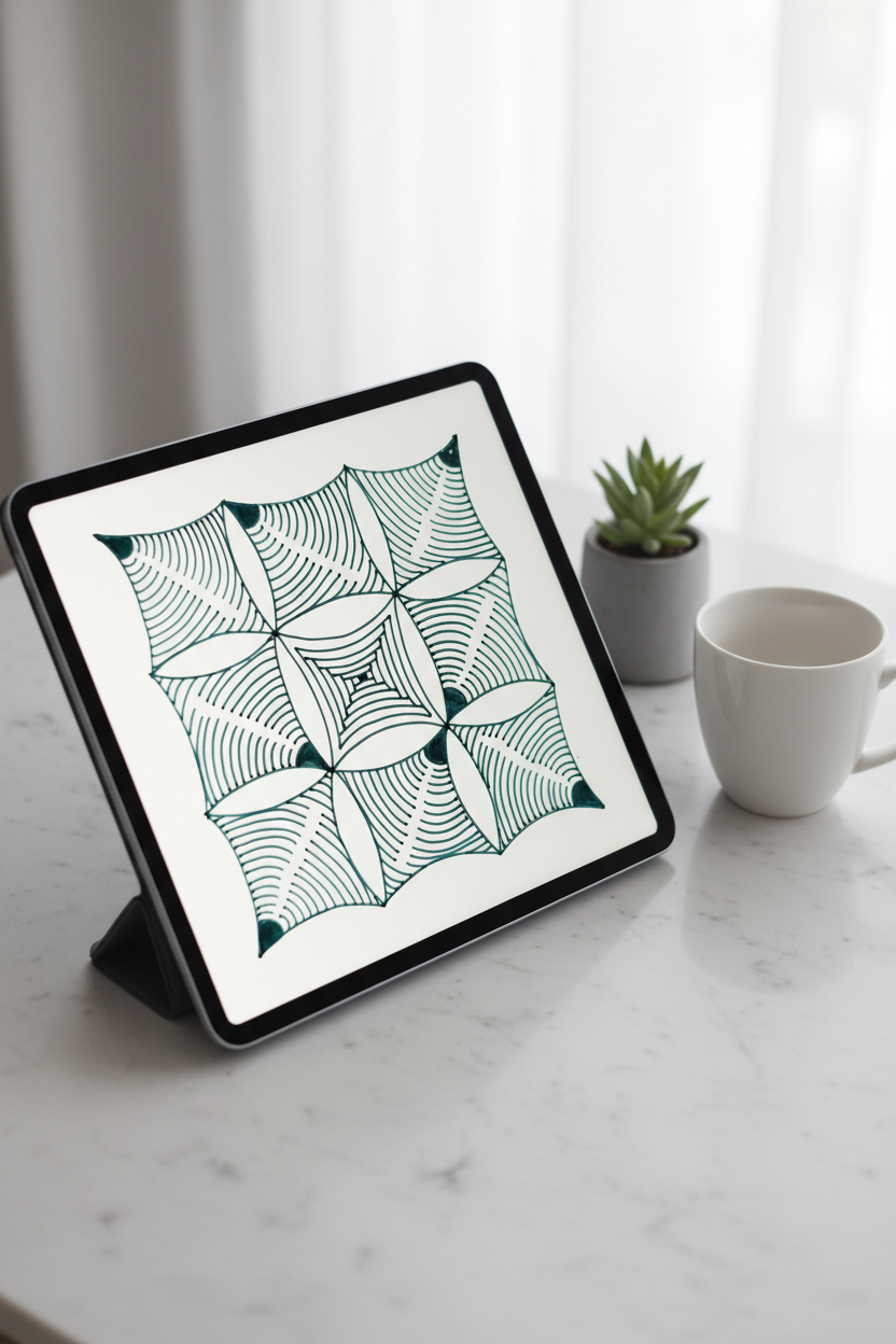 Free geometric zentangle pattern printable wall art digital download preview on iPad screen, teal green geometric wall decor