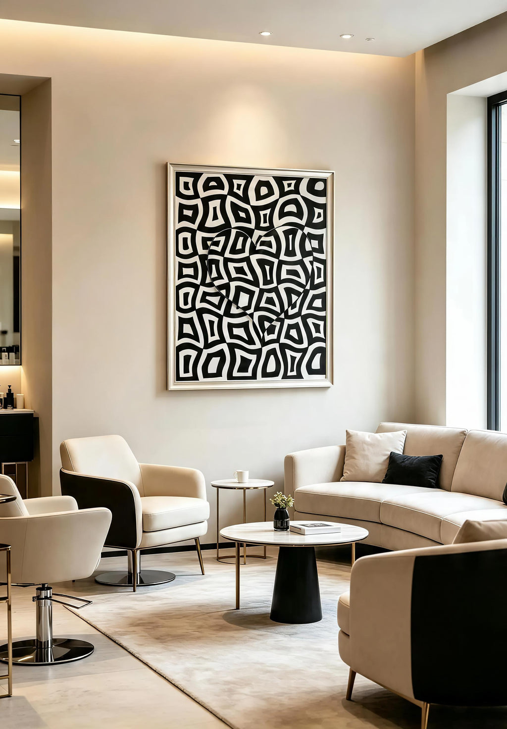 Black and white geometric abstract art print with bold wavy organic shapes and circular overlay pattern