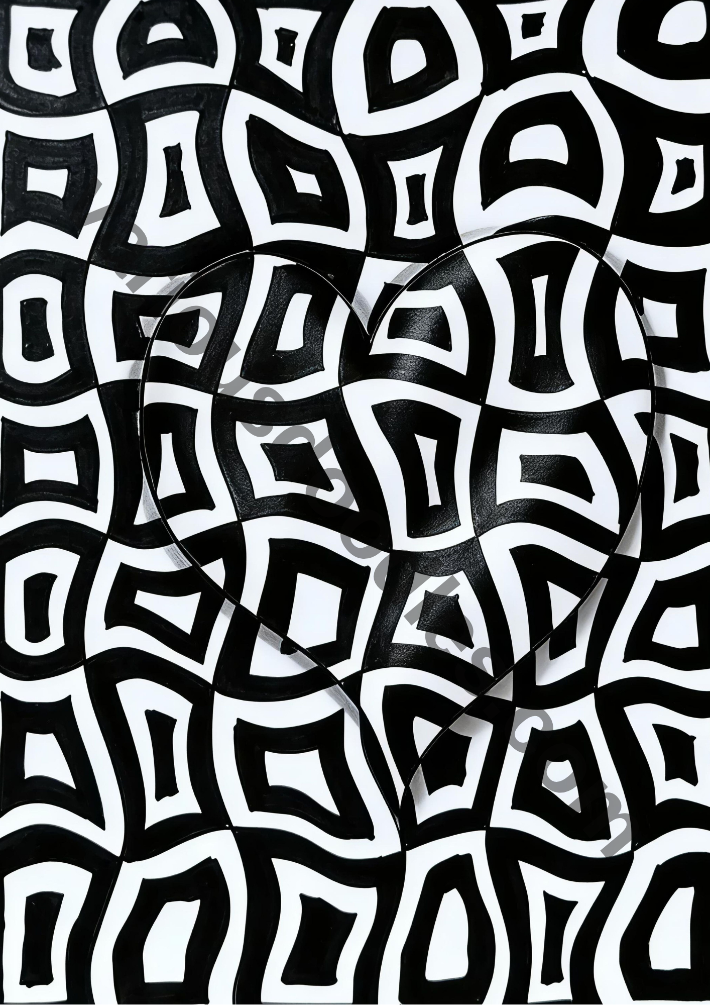 Black and white geometric abstract art print in silver frame displayed in luxury beige salon interior