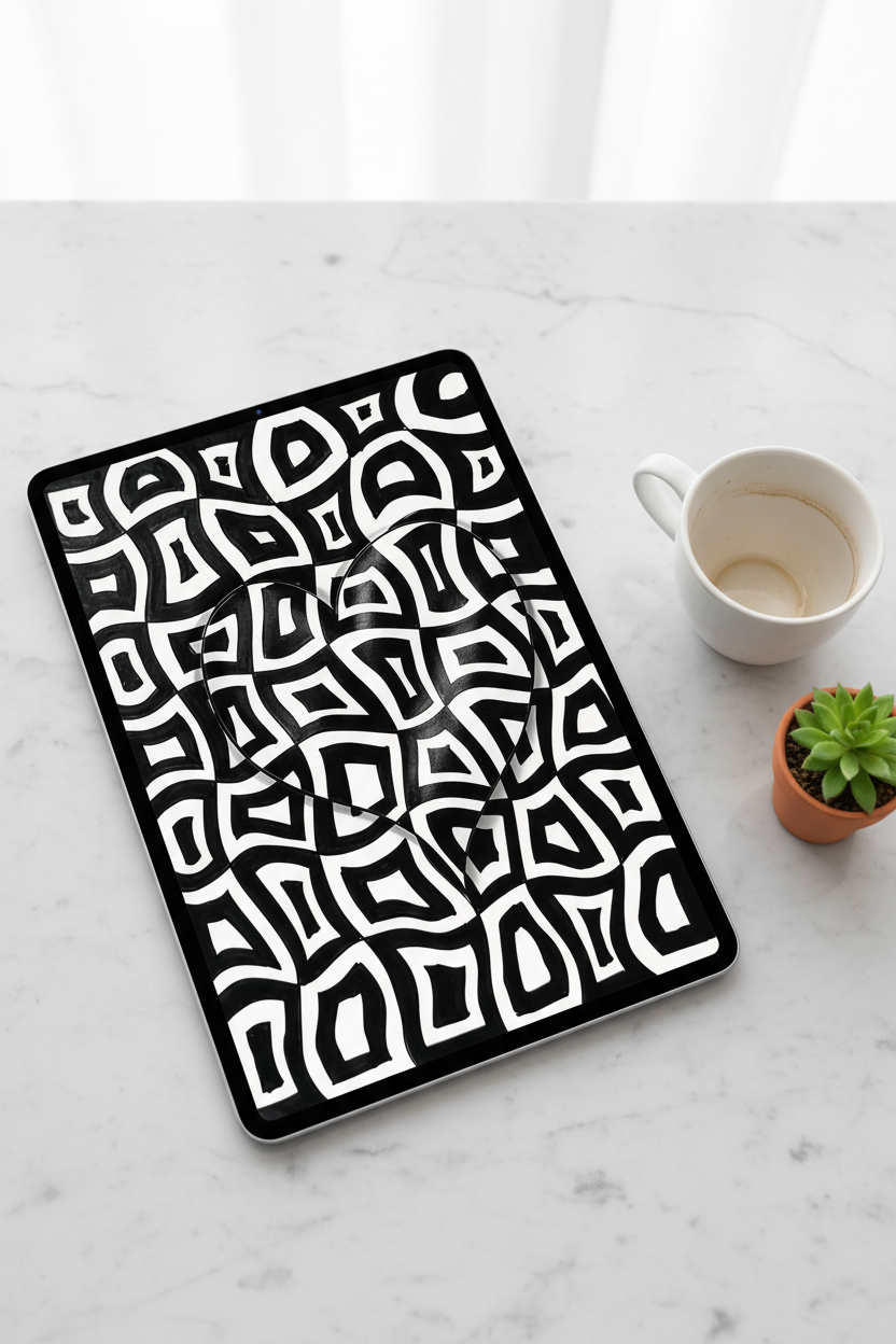 Geometric abstract art print digital download preview on iPad screen, bold black and white organic pattern printable wall decor