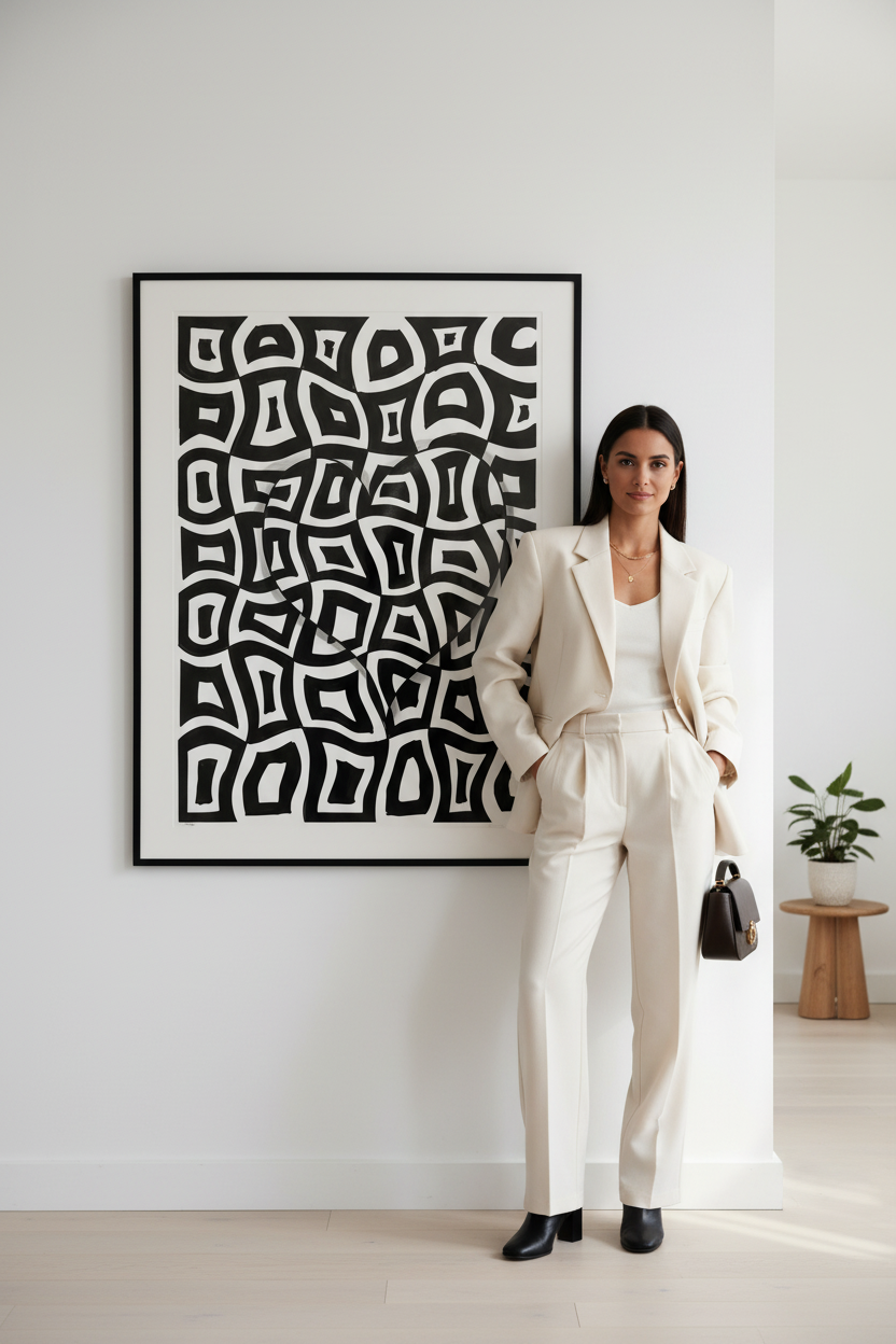 Geometric abstract art print digital download wall mockup with model, bold black and white organic pattern printable wall decor