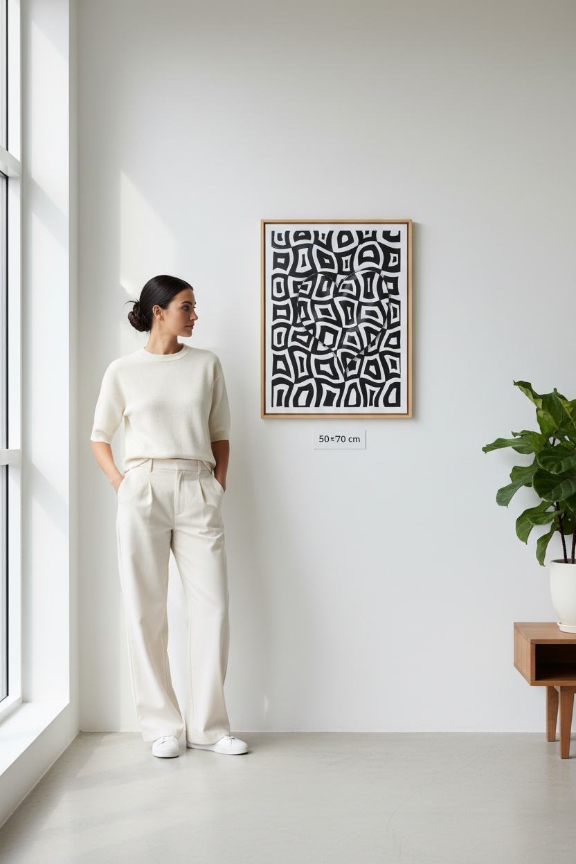 Geometric abstract zentangle art print canvas mockup 50x70 cm size reference with model, black and white wall decor