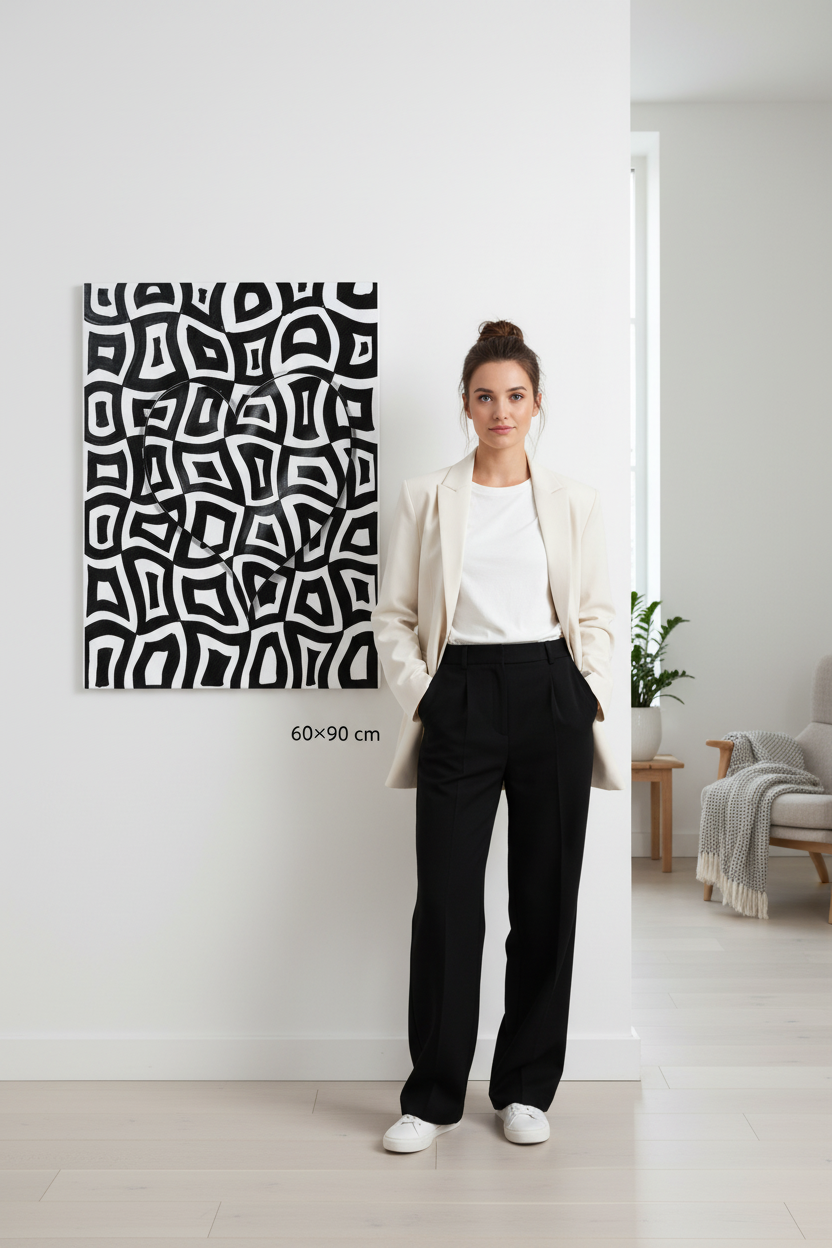 Geometric abstract zentangle art print canvas mockup 60x90 cm size reference with model, black and white wall decor