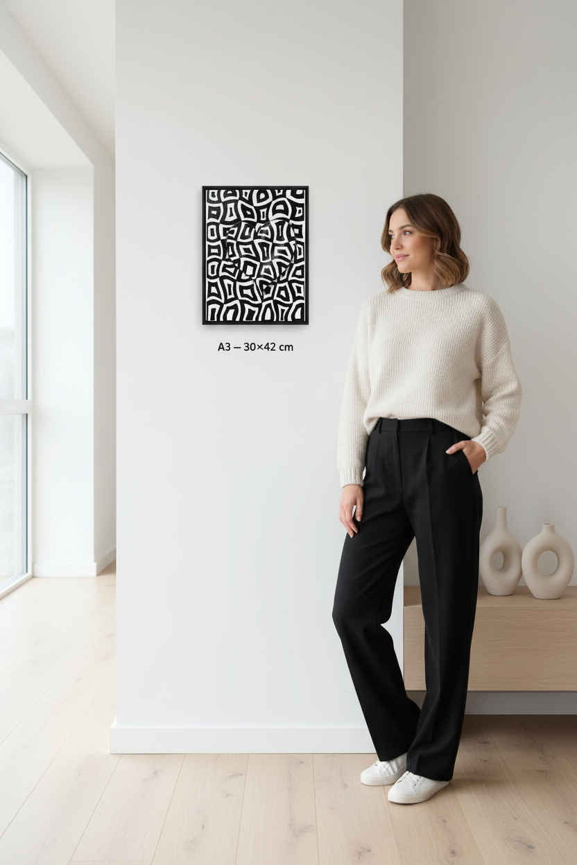 Geometric abstract zentangle art print canvas mockup A3 30x42 cm size reference with model, black and white wall decor
